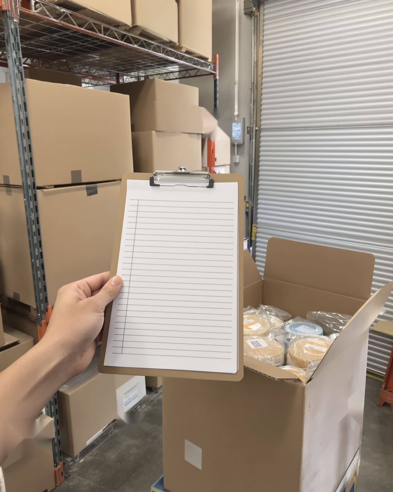 A hand holding a clipboard with a blank count sheet beside an open carton of wrapped products in a small stockroom