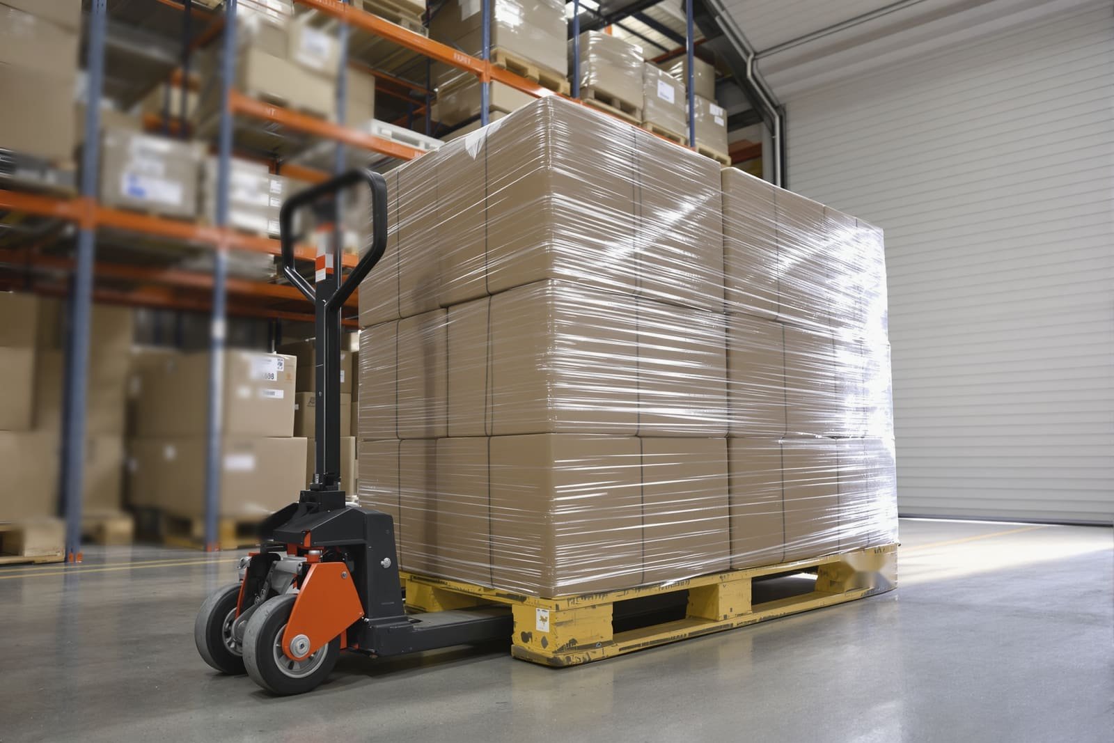 A shrink-wrapped pallet of cartons on a pallet jack just inside the roll-up door of a warehouse