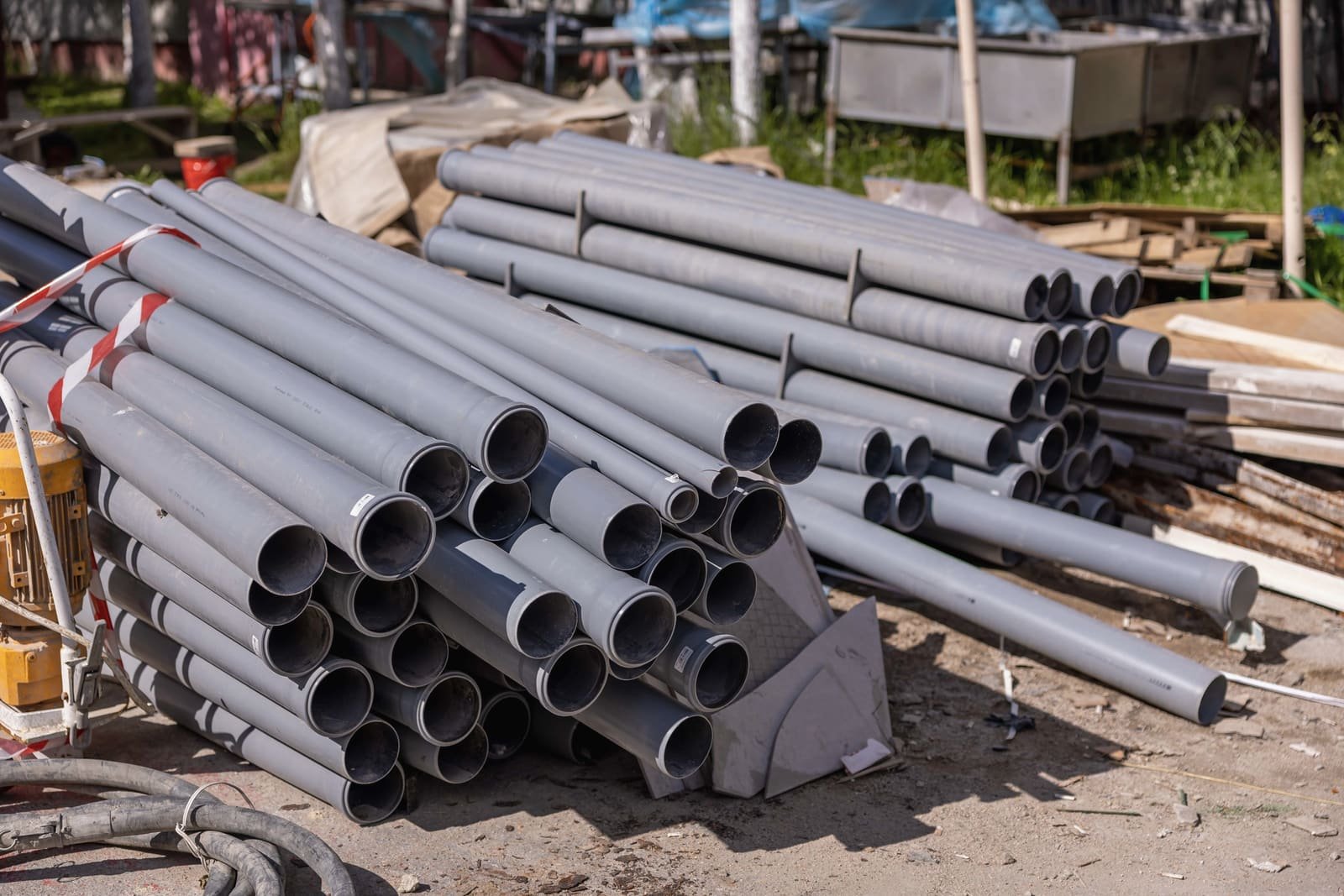 Stacks of new grey PVC pipe waiting in a construction yard