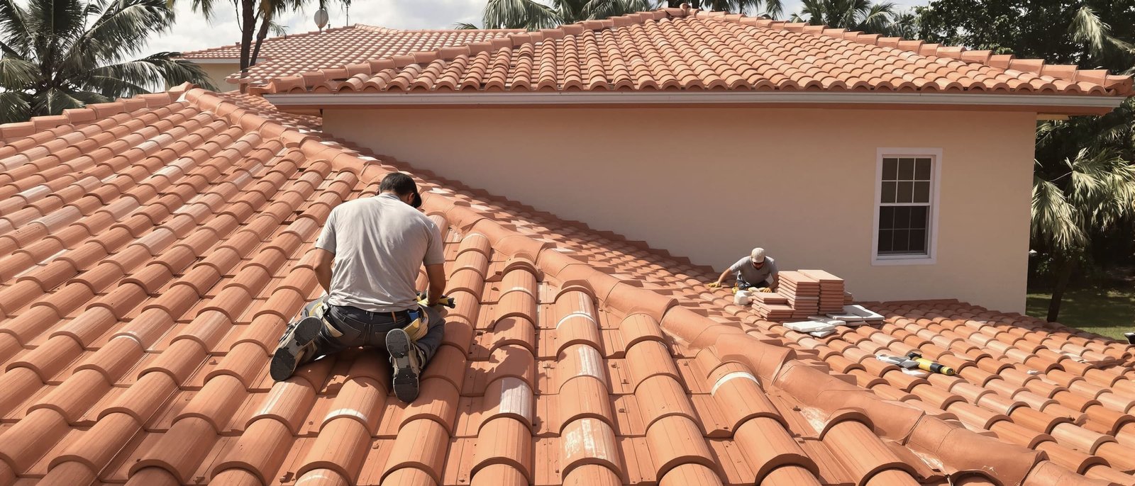 Two roofers working on a terracotta barrel-tile roof of a stucco house in bright sun, a stack of tiles beside them and palms behind
