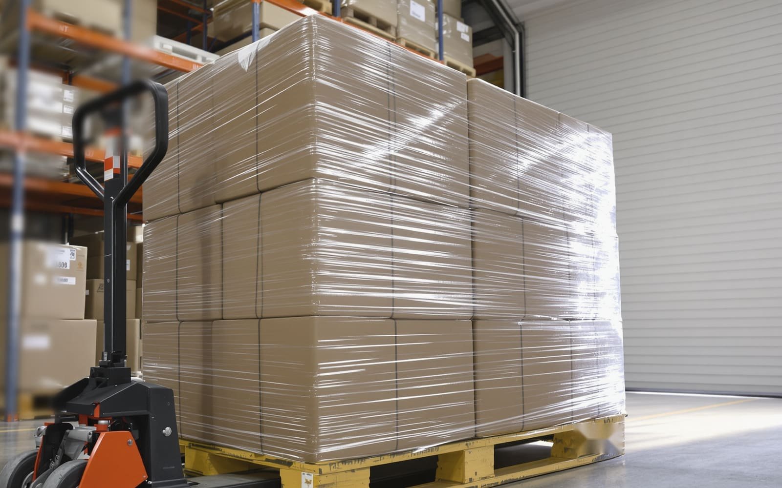 A shrink-wrapped pallet of cartons on a pallet jack in a warehouse